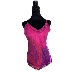 Weavers VTG Y2K Barbie pink lace trimmed BoHo print tank top Size XL Hippie Boho